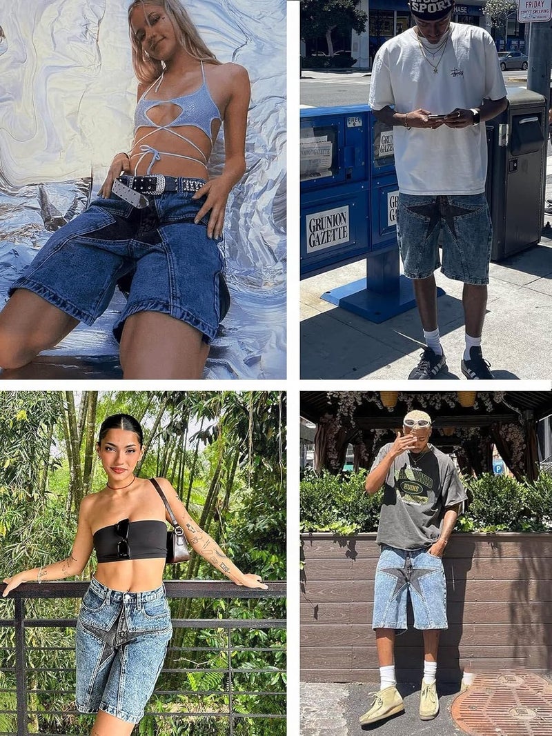 Vamtac Mens Patchwork Denim Shorts Straight Leg Star Jeans Unisex Steetwear Y2K Hip Hop Jorts for Women - Image 3